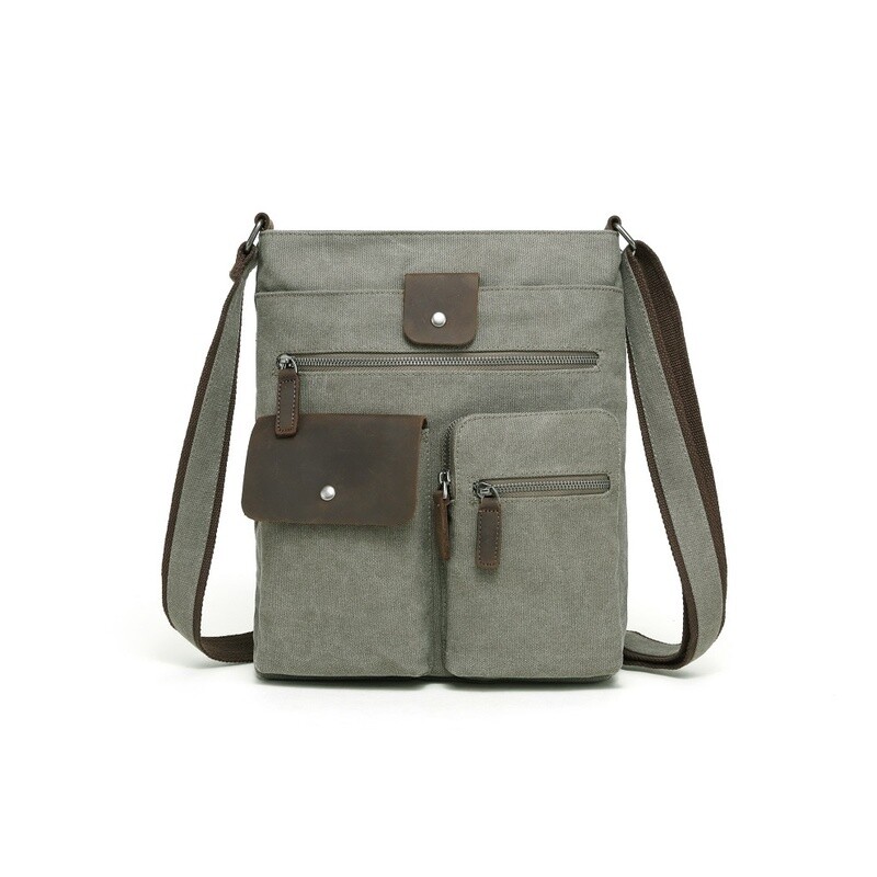 Canvas Messenger Bag W/ Leather Trim - Green