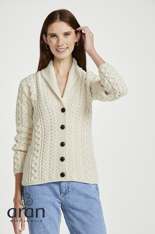 Shawl Collar Aran Cardigan - Natural