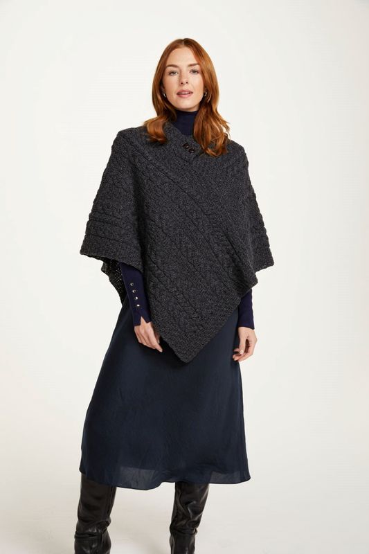 Cable Knit Poncho w/ buttons - Charcoal