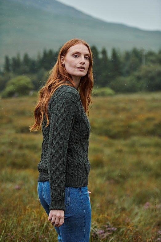 Unisex Worsted Wool Aran Crew Neck - Green