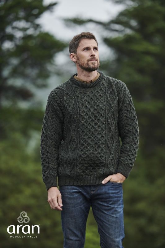 Unisex Worsted Wool Aran Crew Neck - Green