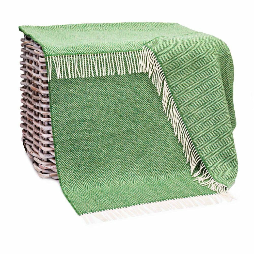 Merino Wool Cashmere Throw Green Herringbone