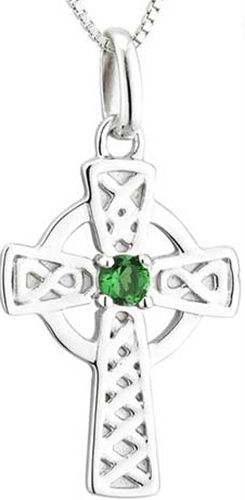 Acara-Sterling Silver Tiny Celtic Cross Pendant-Green Stone