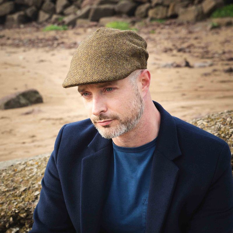 Tweed Sports Cap Beige Dark Brown Herringbone