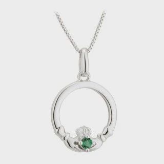 Acara-Sterling Silver Claddagh Pendant-Green Stone