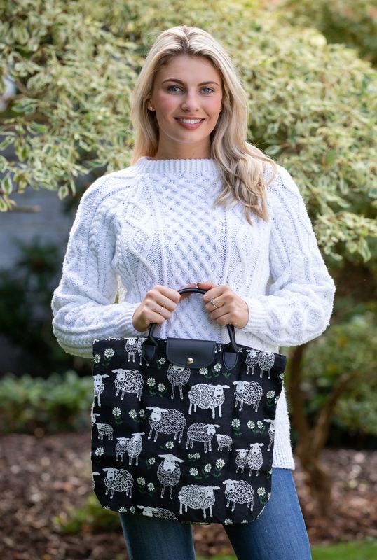 Tapestry Sheep Foldaway Shopping Bag - Black
