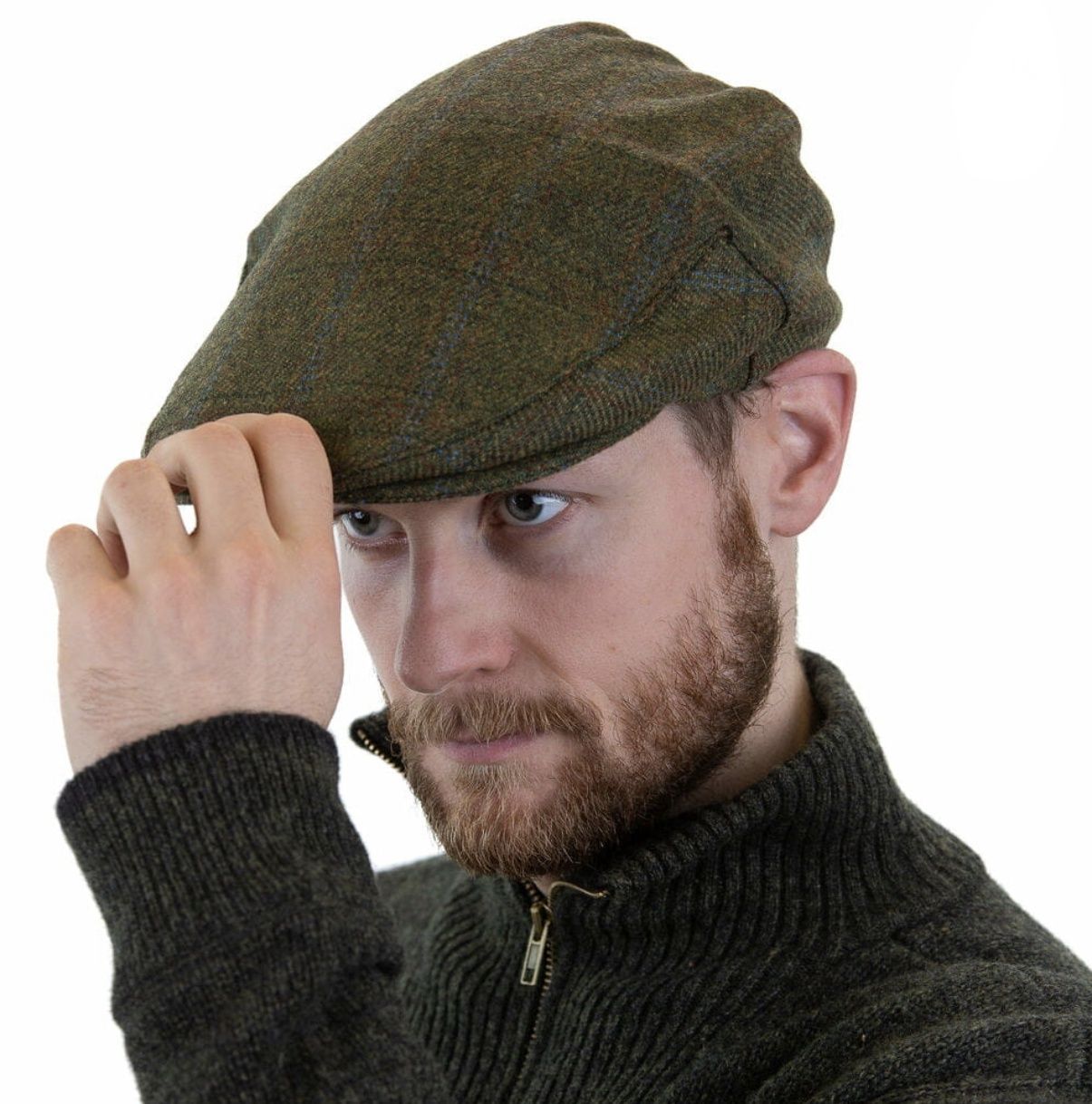 Irish Tweed Cap Forest Green Rust Overcheck