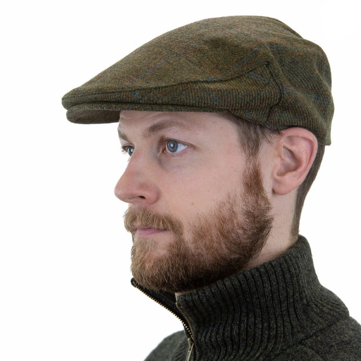 Irish Tweed Cap Forest Green Rust Overcheck