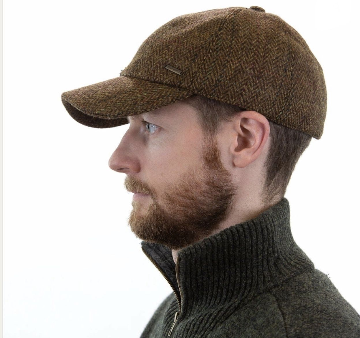 Tweed Baseball Cap with Ear Flaps - Brown Herringbone