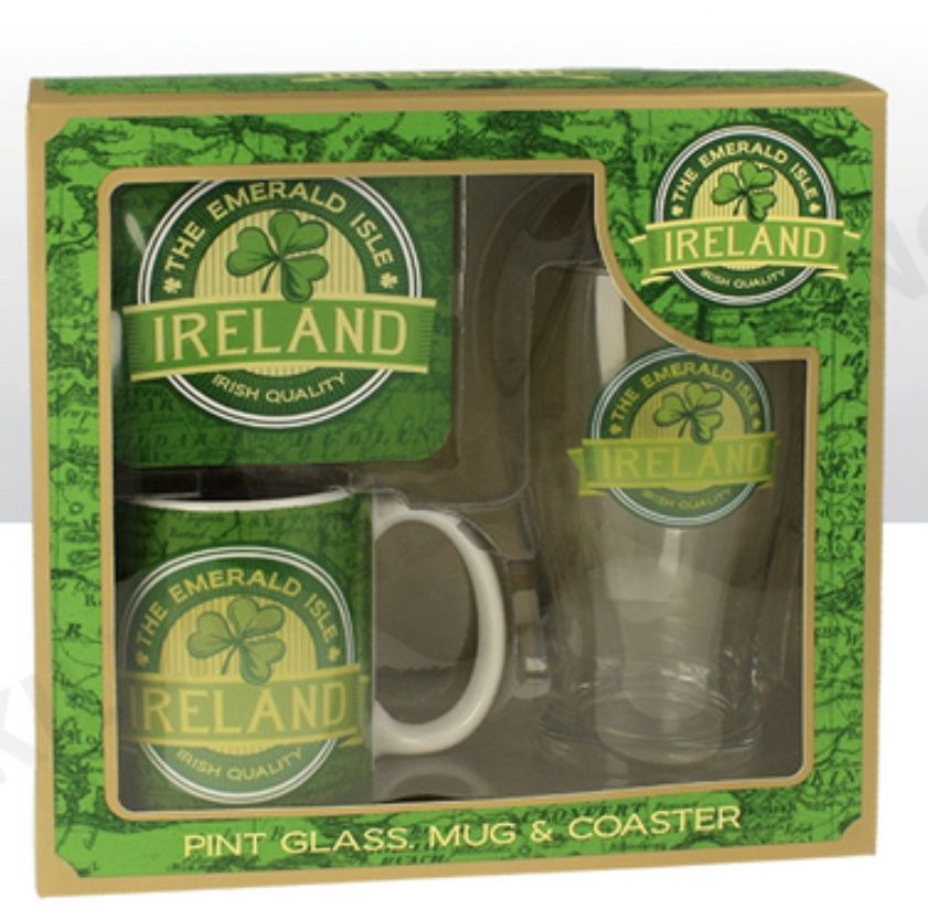 IRELAND PINT GLASS MUG &amp; COASTER GIFT SET REF: 72110