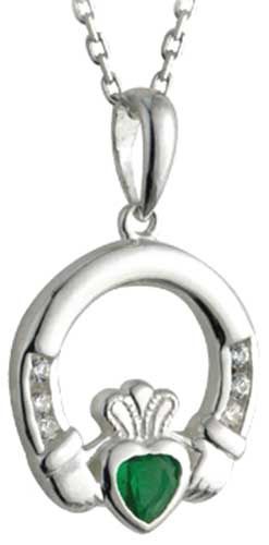 Green Claddagh Necklace-Sterling Silver