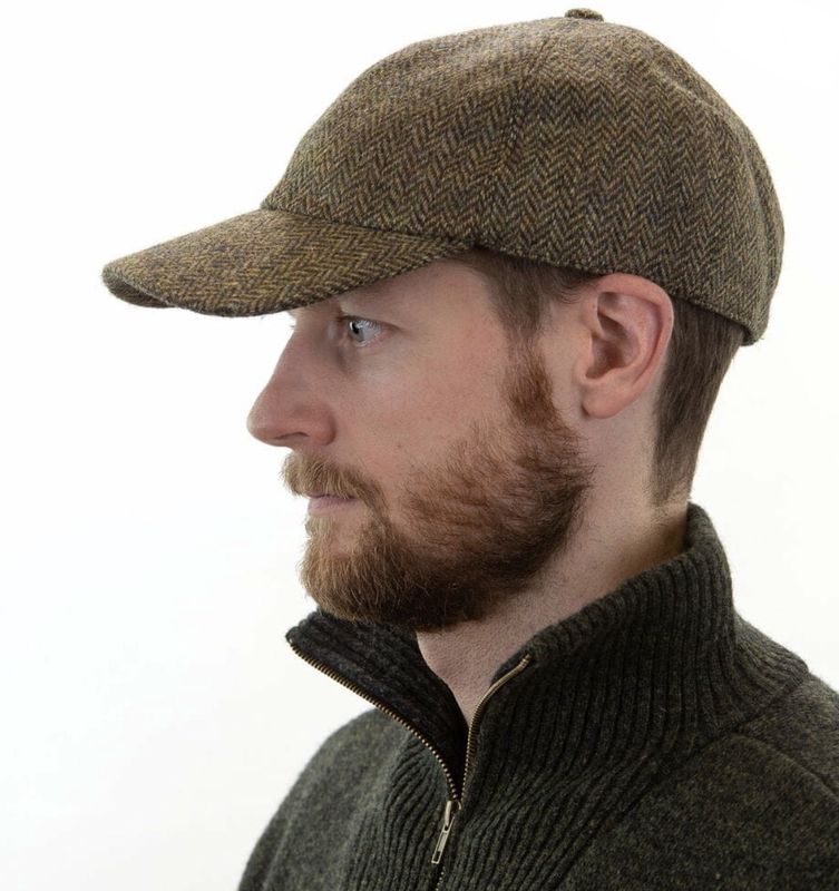 Tweed Baseball Cap with Ear Flaps - Beige Green Herringbone