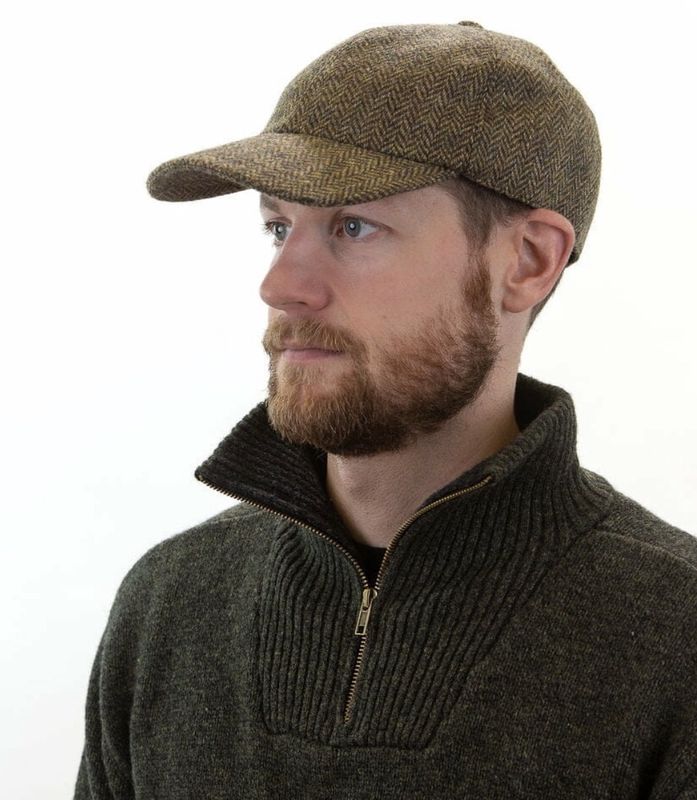 Tweed Baseball Cap with Ear Flaps - Beige Green Herringbone