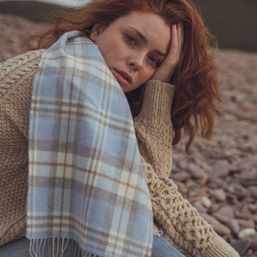 Baby Blue/Cream Check-100% Merino Wool Scarf