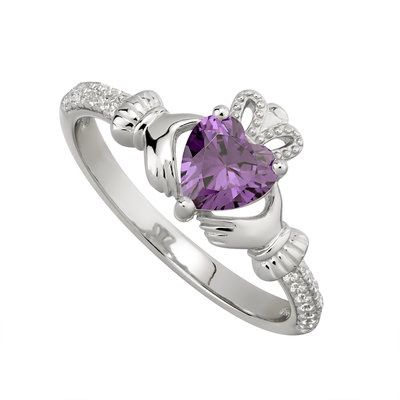 Sterling Silver Claddagh Birthstone Ring - February