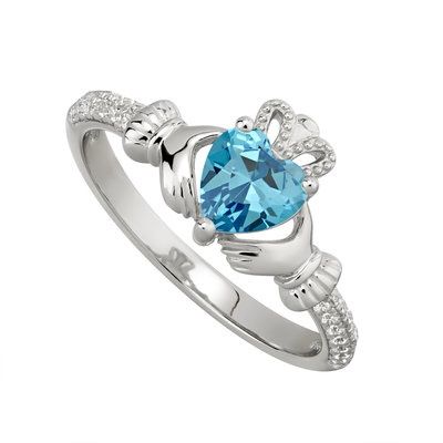 Sterling Silver Claddagh Birthstone Ring - March