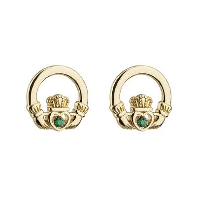 Gold Plated Claddagh Stud earrings with Green Stone