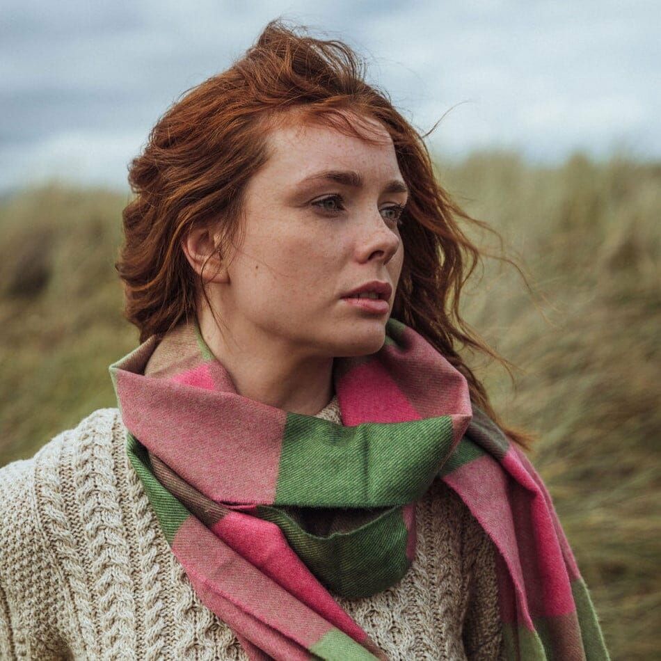 Merino Luxury Wool Scarf Pink Green Block