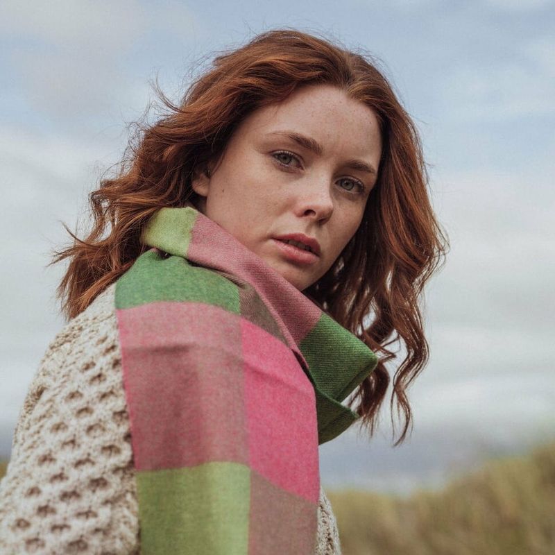 Merino Luxury Wool Scarf Pink Green Block