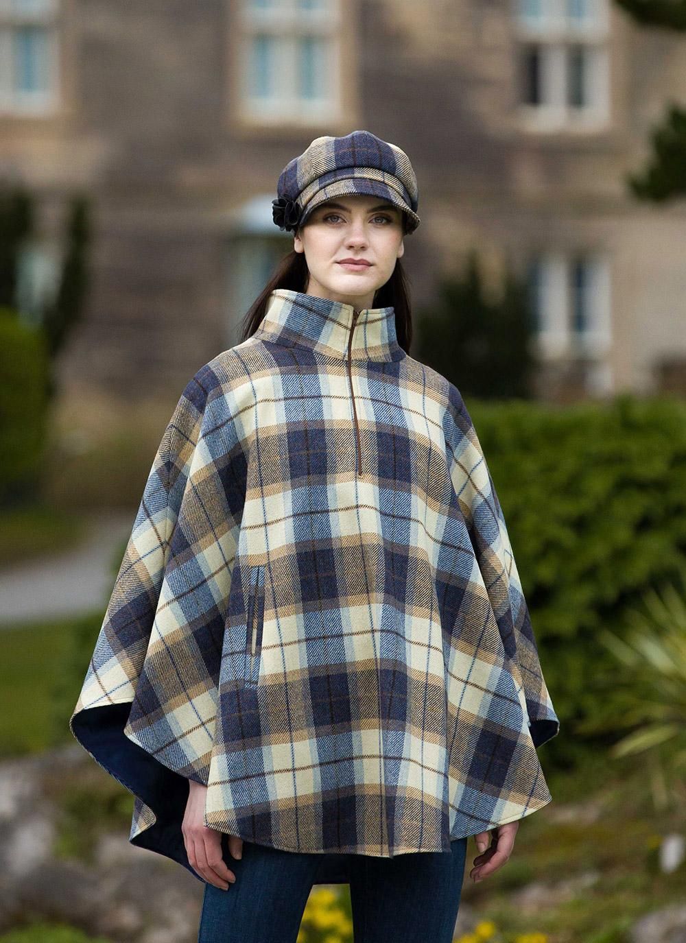 Tweed Half Zip Poncho - Blue Beige