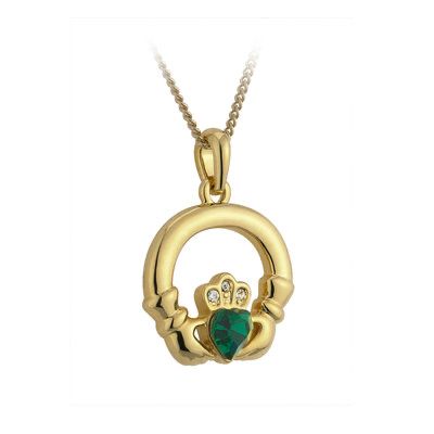 Gold Plated Green Crystal Heart Claddagh Pendant