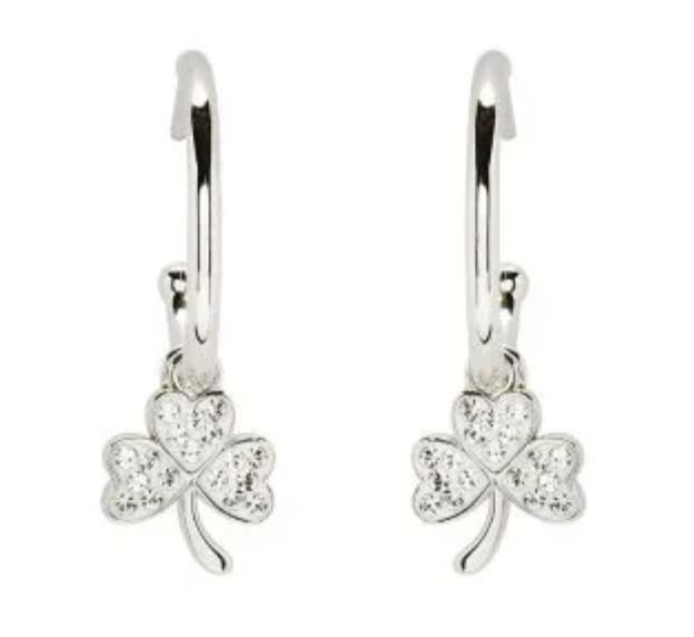 Sterling Silver Crystal Shamrock Hoop Earrings
