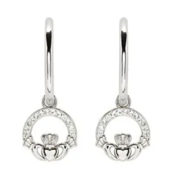 Sterling Silver Crystal Claddagh Hoop Earrings