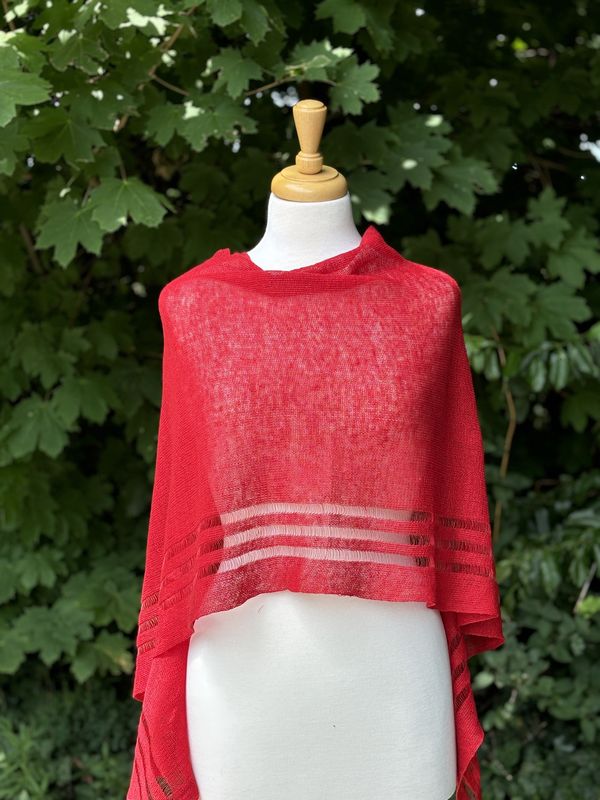 100% Linen Poncho - Red