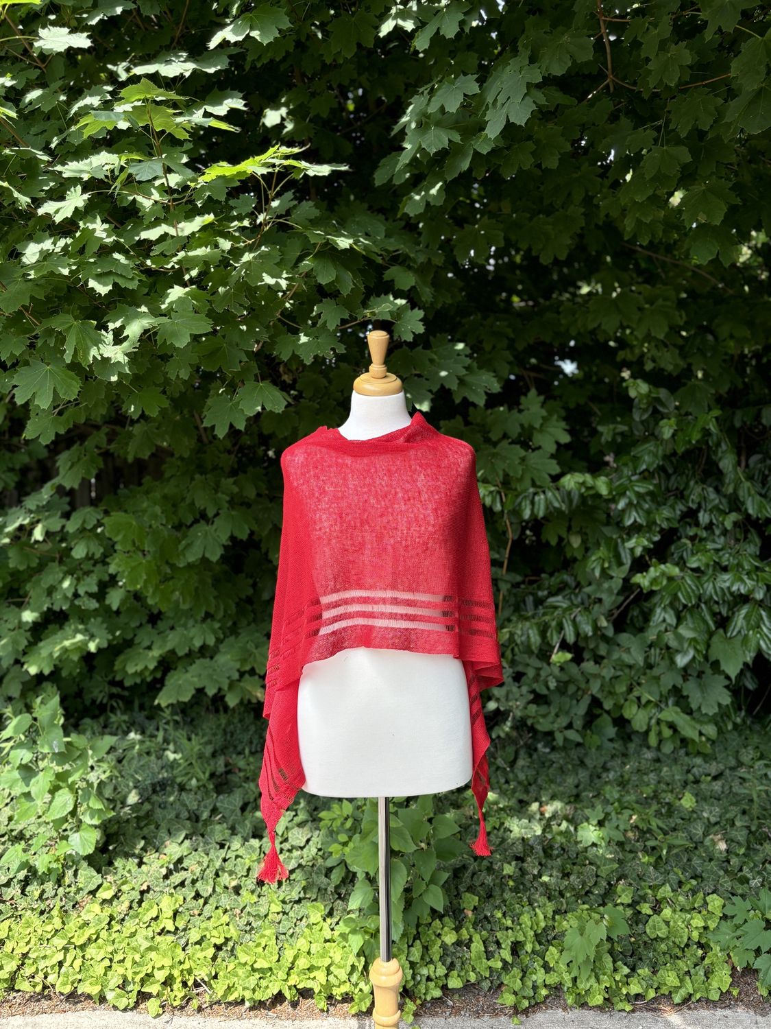100% Linen Poncho - Red