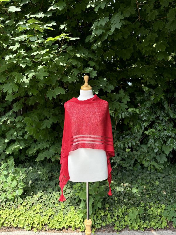 100% Linen Poncho - Red