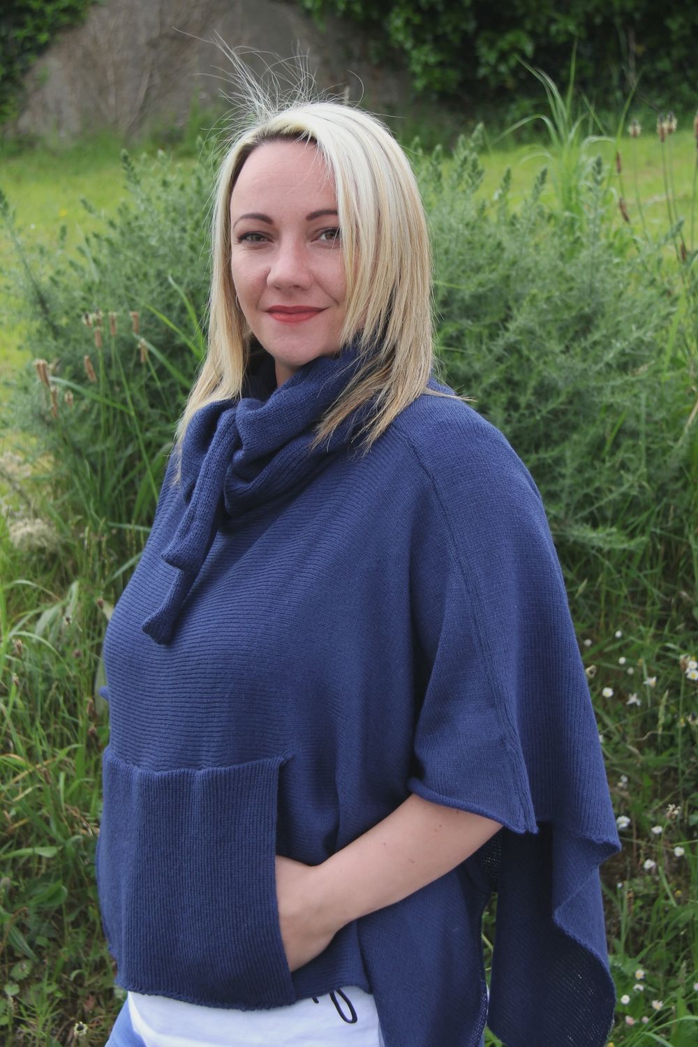 Drawstring Poncho - Navy