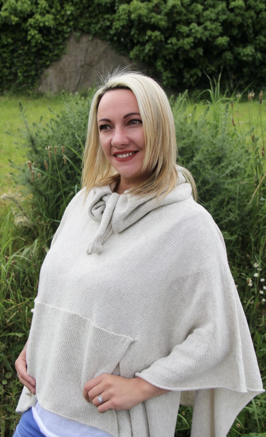 Drawstring Poncho - Natural Tweed