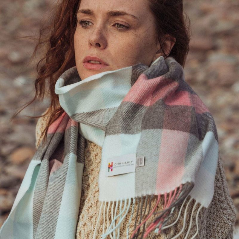 100% Merino Wool Scarf - Aqua/Grey/Cream &amp; Pink Block