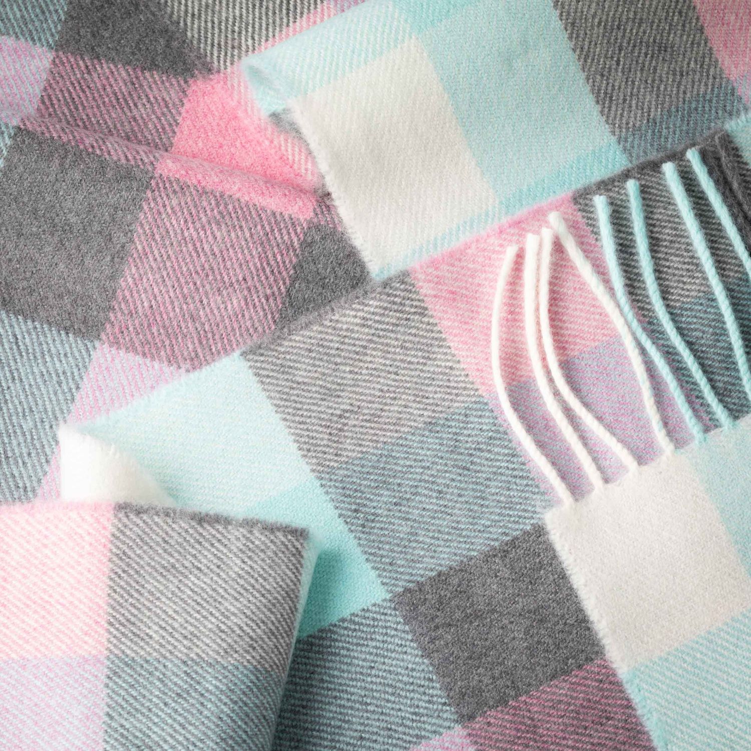 100% Merino Wool Scarf - Aqua/Grey/Cream &amp; Pink Block