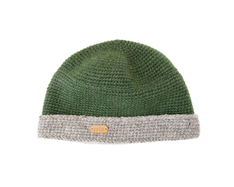 Crochet Turn Up Hat - Green/Oatmeal