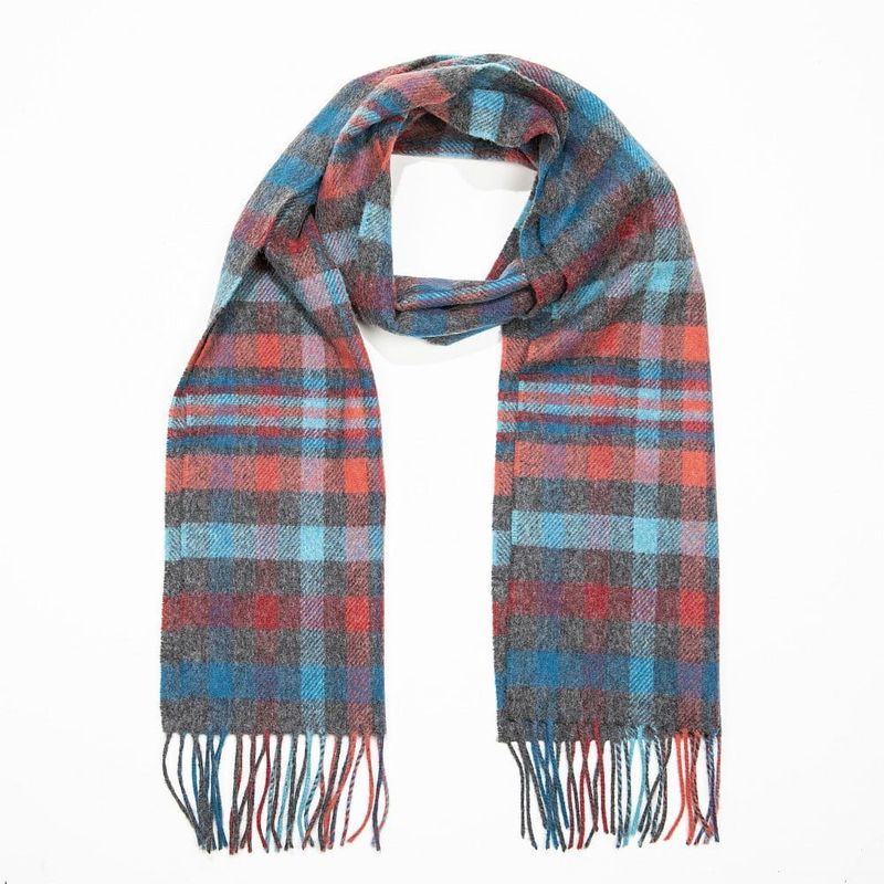 100% Lambswool Scarf Grey Aqua Pink Red Check