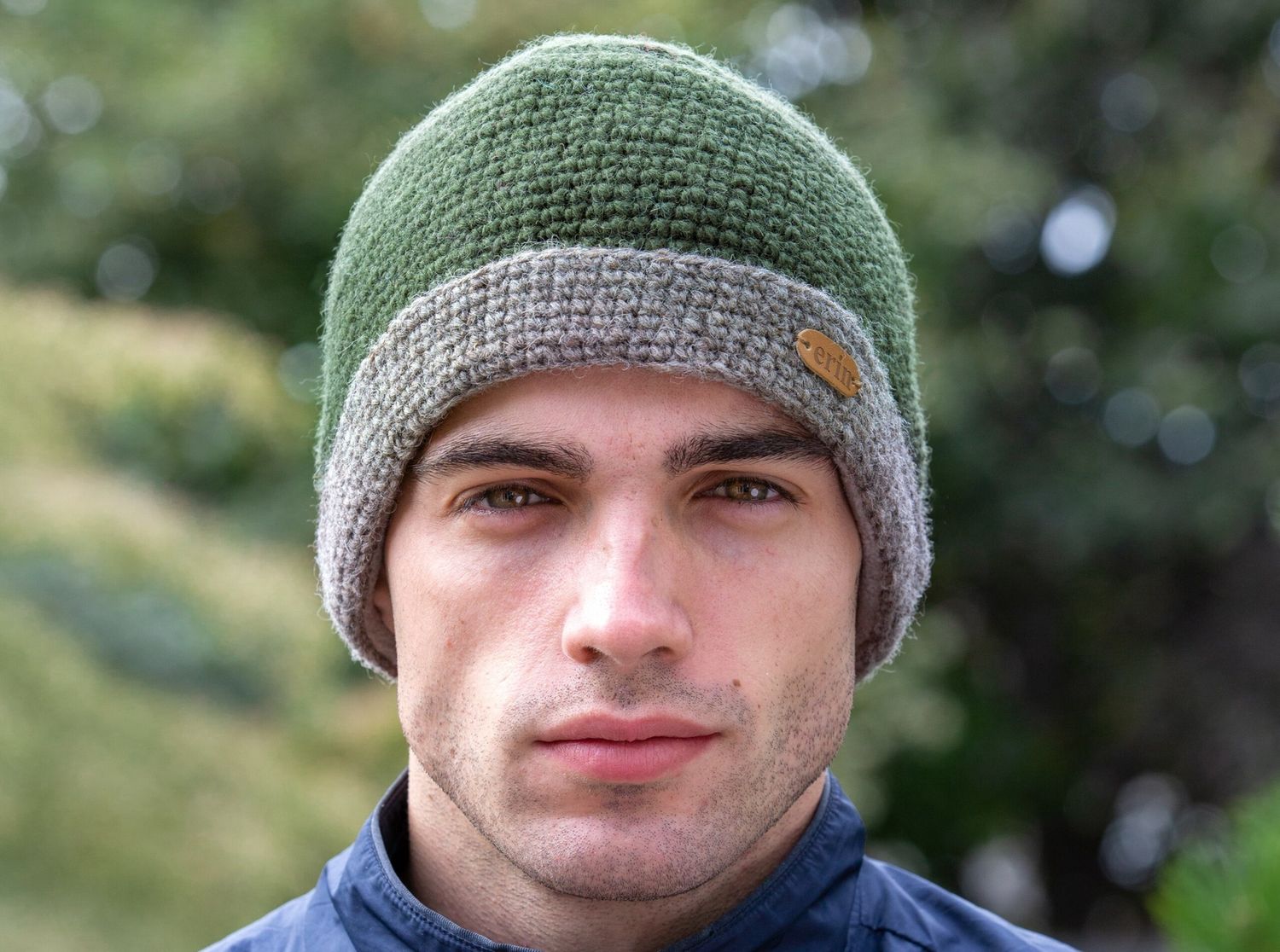Crochet Turn Up Hat - Green/Oatmeal