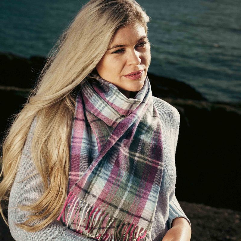100% Merino Wool Scarf - Green Blue Pink Plaid