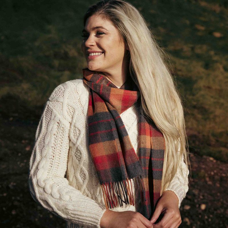 100% Merino Wool Scarf - Orange Charcoal Plaid