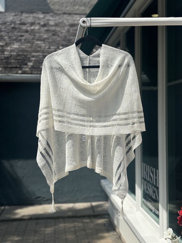 100% Linen Poncho - White