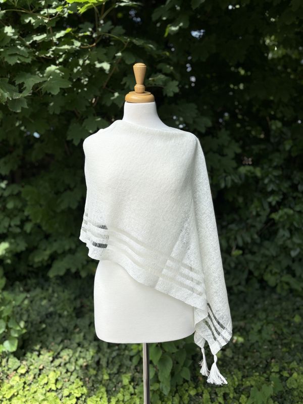 100% Linen Poncho - White