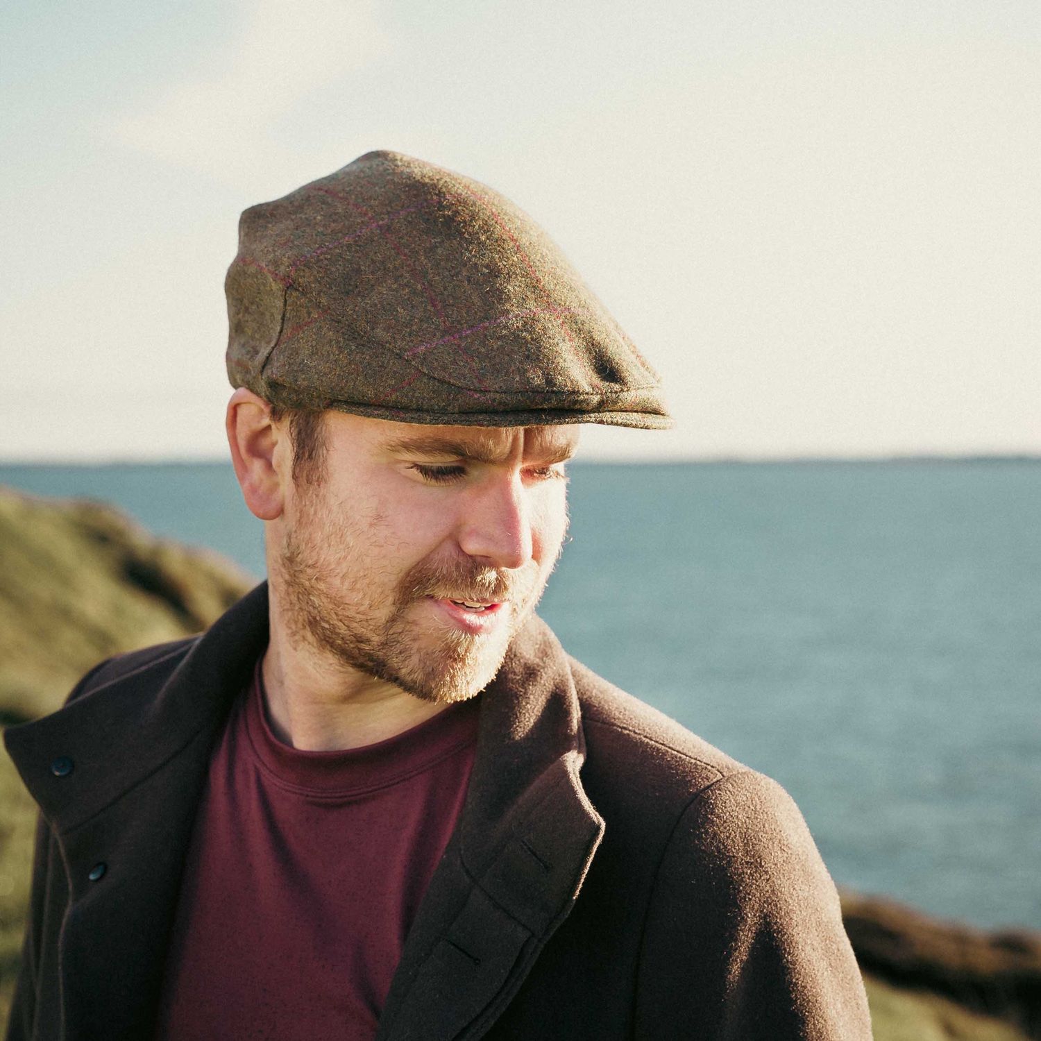 Irish Tweed Flat Cap -  Charcoal Green Pink Check
