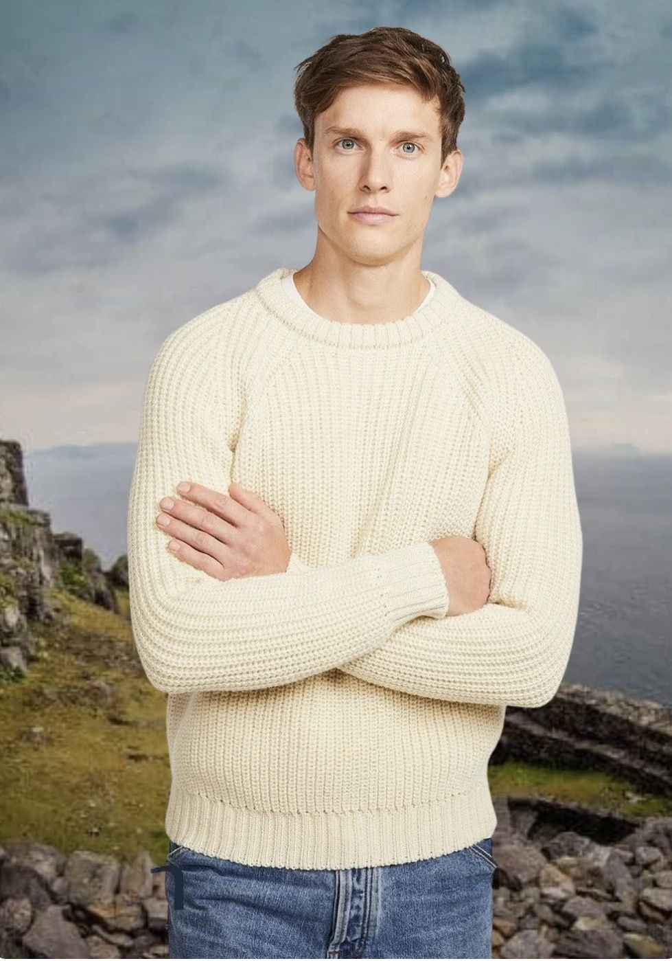 Fisherman Ribbed Raglan Crew Neck - Natural