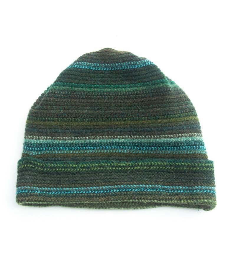 Lambswool Stripe Beanie Hat - Dark Green