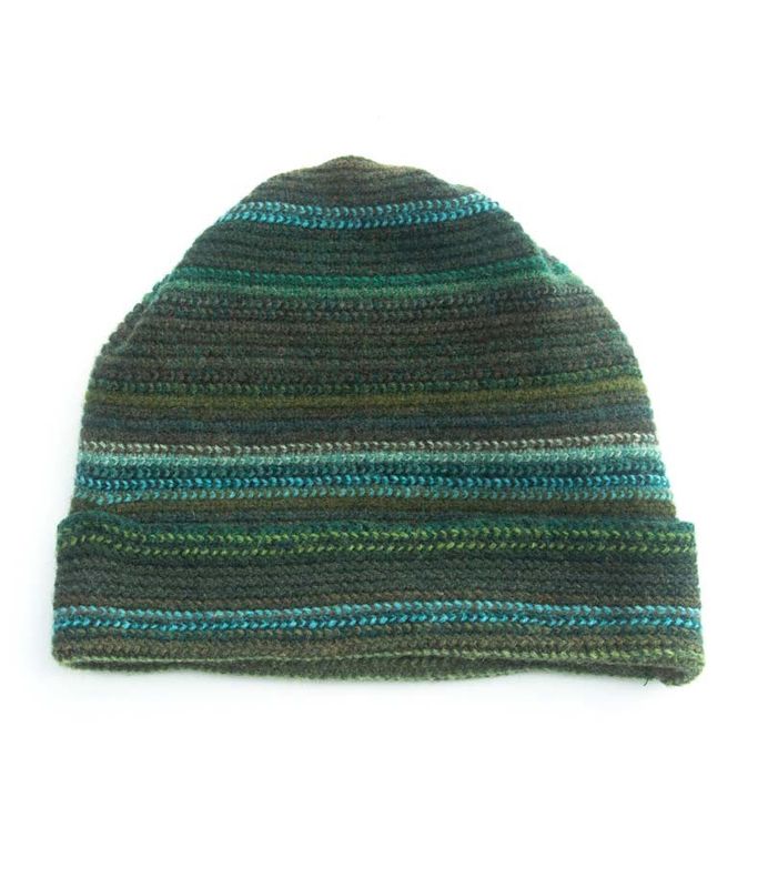 Lambswool Stripe Beanie Hat - Dark Green