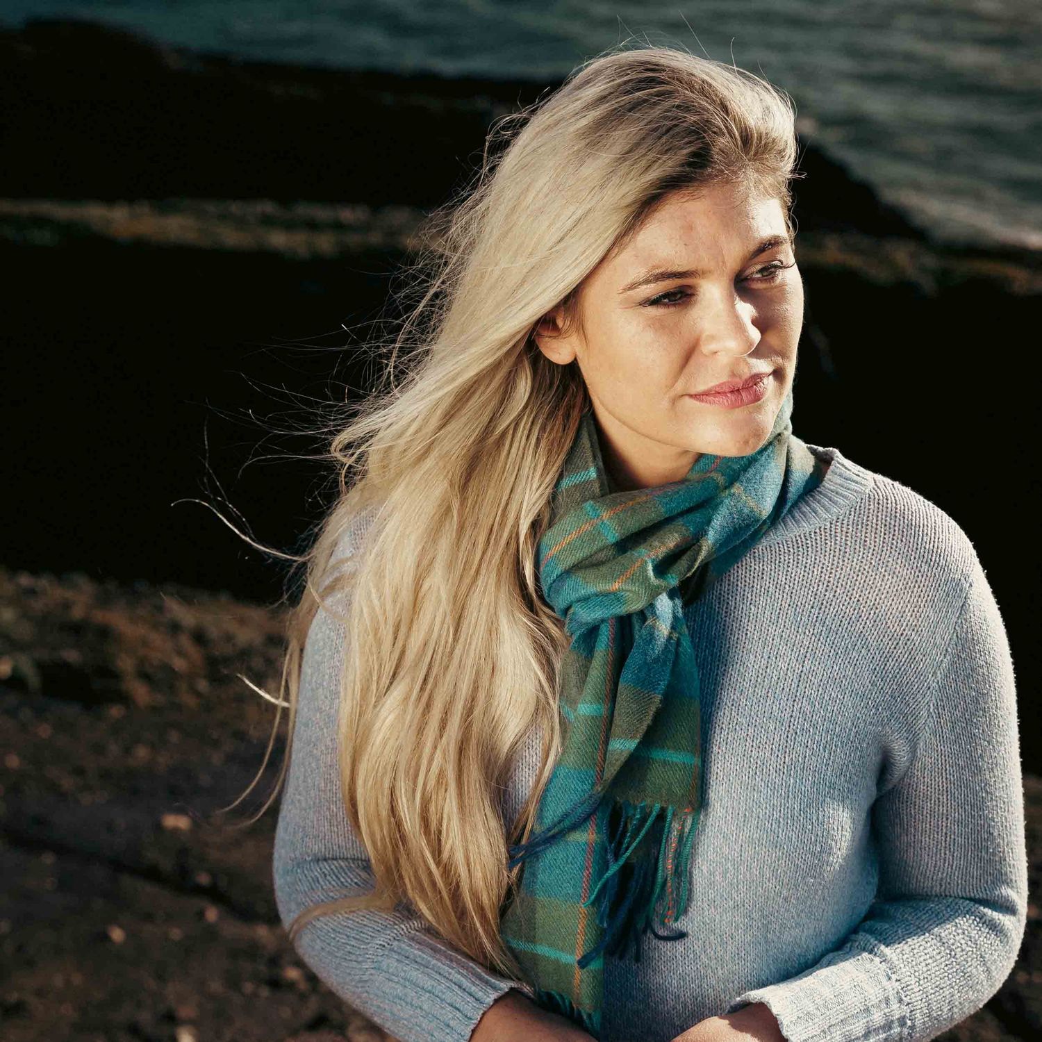 100% Merino Wool Scarf - Denim Green Check