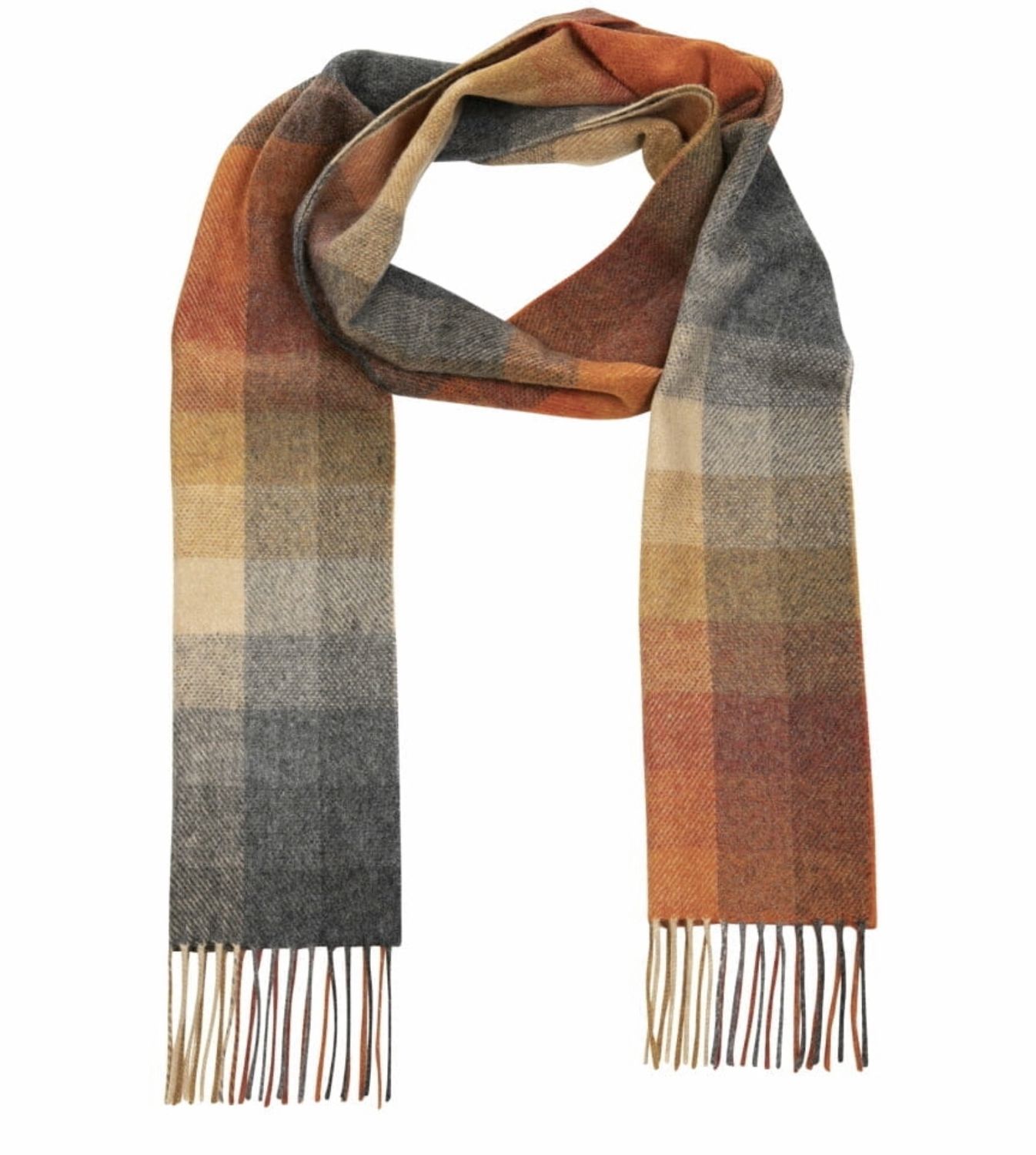 Irish Wool Scarf Long - Orange Grey Beige Multi Block