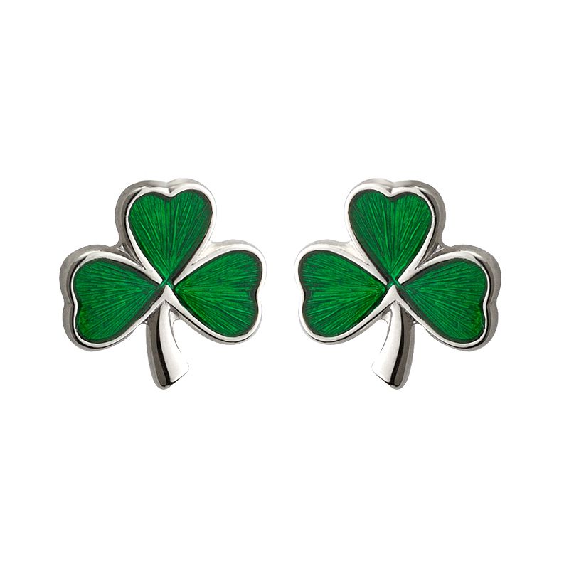 Sterling Silver Green Enamel Shamrock Studs