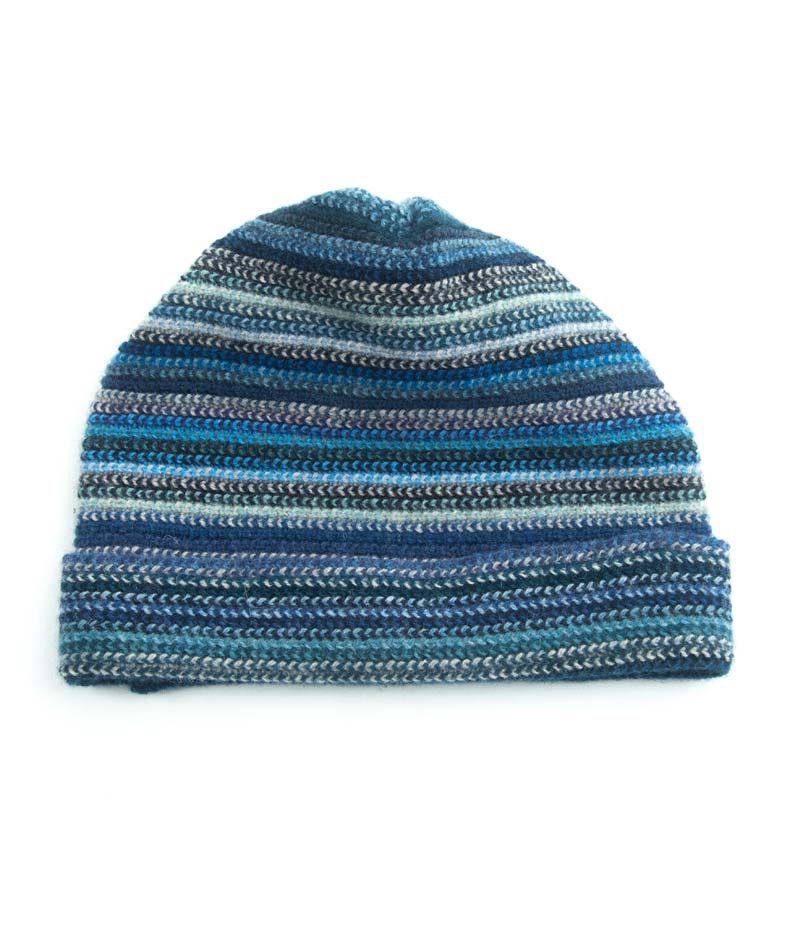 Lambswool Stripe Beanie Hat - Multi Blue