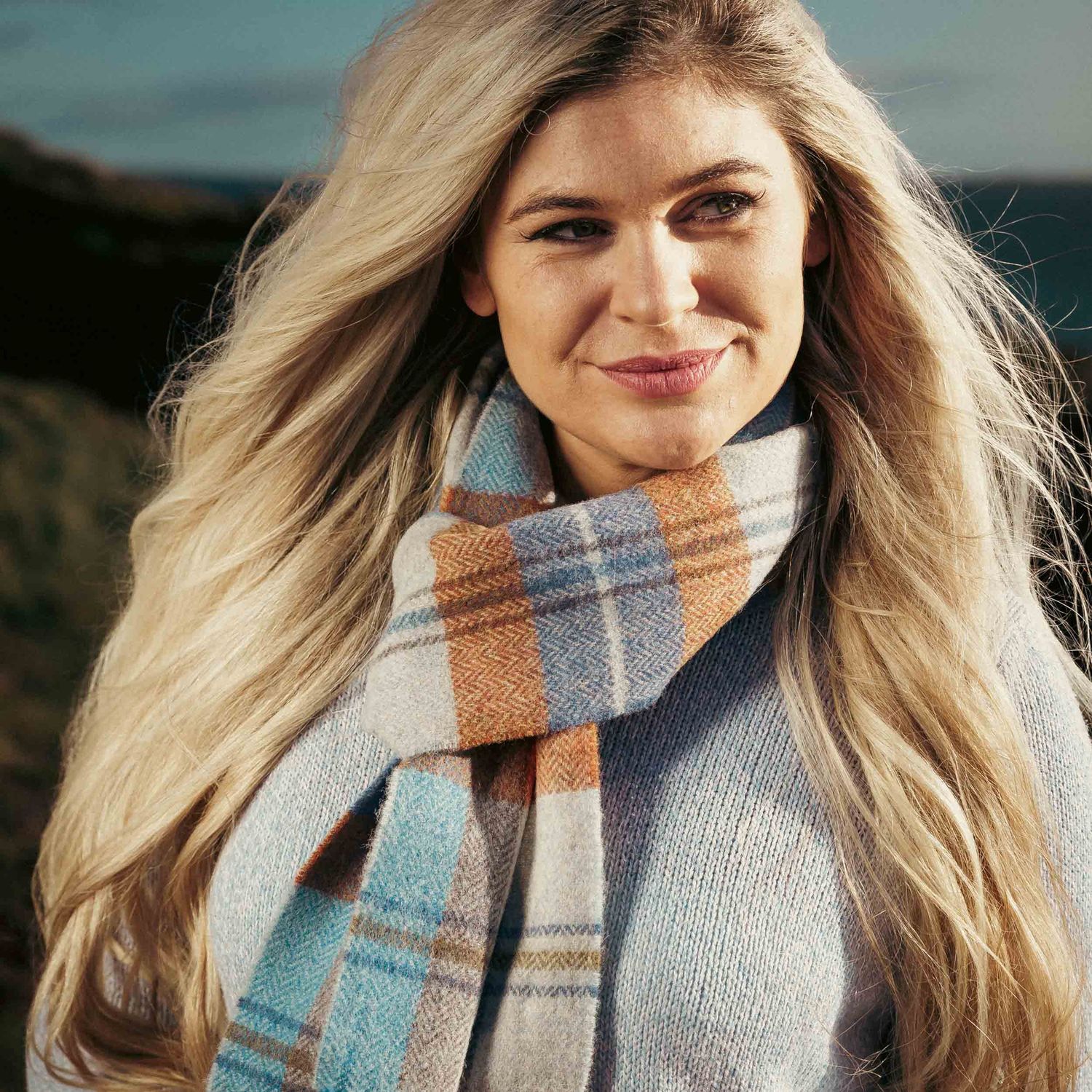 Irish Wool Scarf Long -  Blue Grey Rust Plaid